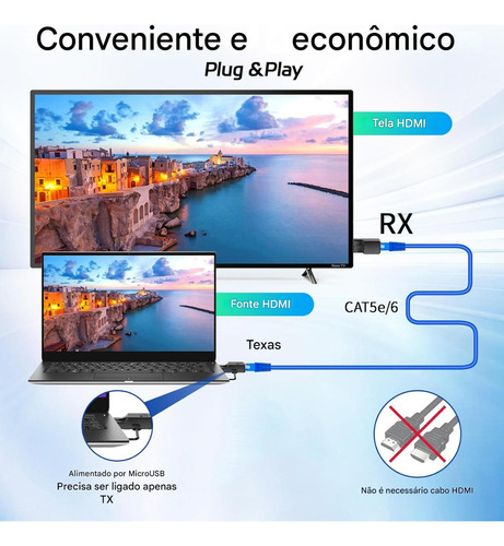 Extensor Hdmi 60mt Via Cabo Rede Full Hd 1080p Plug & Play