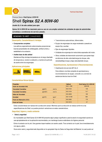 Aceite Shell Spirax S2a 80w-90 1lts