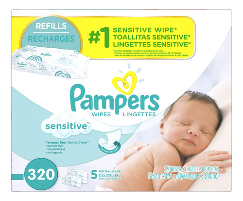 Pampers Sensitive Water Based Baby Wipes, 5 Repuestos, 64 Un