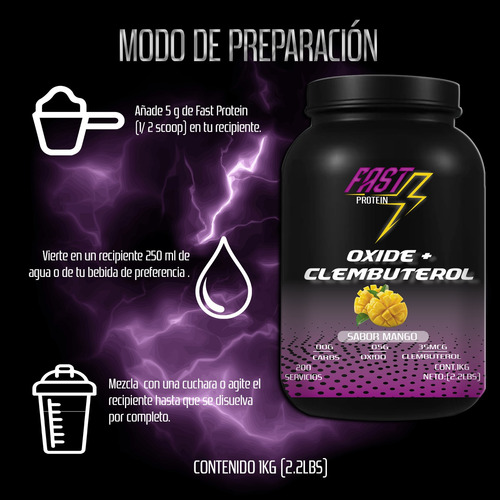 Óxido Nítrico + Clembuterol Fast Protein 1kg Pre Entreno Mango