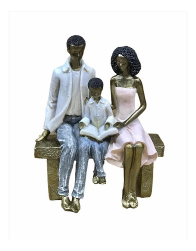 Estatueta Casal Negro Com Filho Sentados No Banco Resina21cm