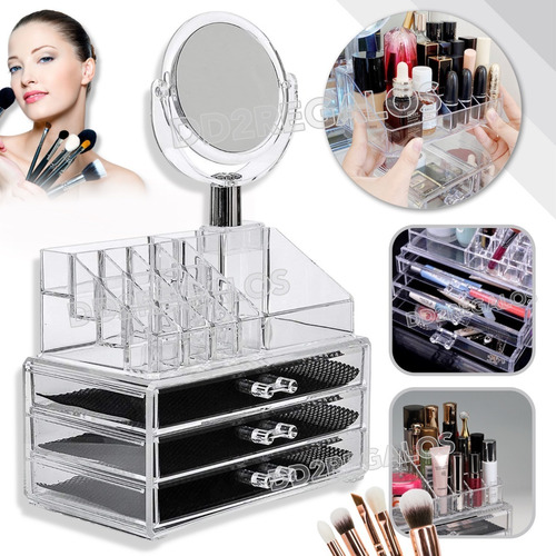 Imagen 1 de 4 de Organizador Acrílico Maquillaje Make Up 3 Cajones+espejo