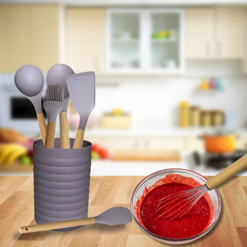 Kit Utensílios De Cozinha Em Silicone Com Cesto - 7 Peças