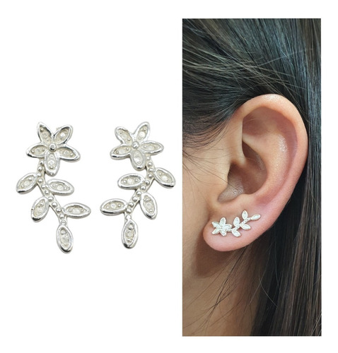 Arete Trepador Flores Rama Plata Ley .925 Modelo 22