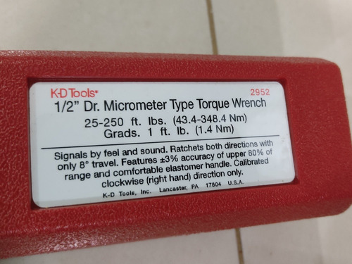 K-d Tools 2952 Torque Wrench 1/2  25-250ft Lbs