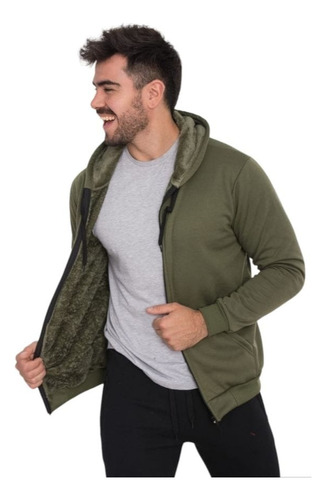 Campera Abrigada Frisa Con Piel Y Capucha De Hombre