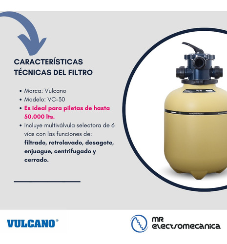 Imagen 7 de 10 de Kit Vulcano Pileta 8x4x1.5m Filtro Vc30 + Bap075 Hta 50000lt
