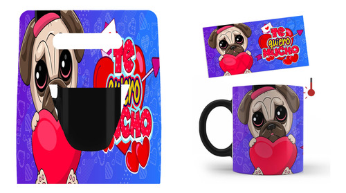 Kit Caja, Taza Mágica,pug, Frase Te Quiero Mucho,tierno,11oz