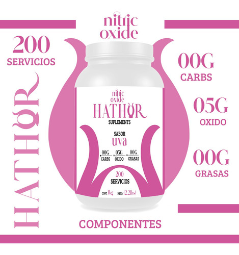 Óxido Nítrico Pre Entreno Hathor 1kg 200 Servicios Sabores Uva