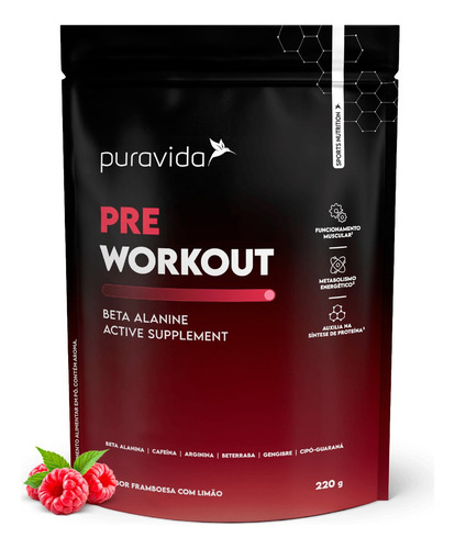 Pre Workout Beta Alanina 220g Pura Vida Sabor Framb Limão Framboesa Com Limão