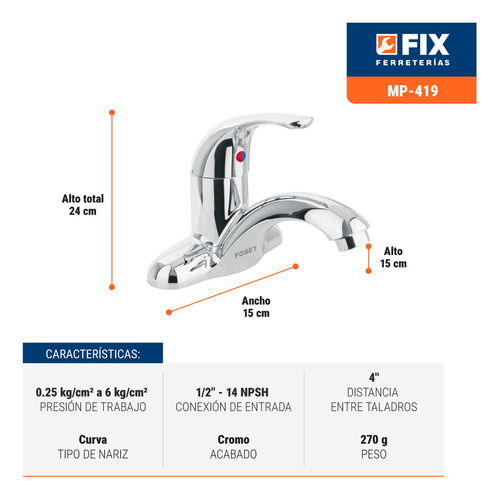 Monomando Lavabo Abs Acabado Cromo Nariz Curva Foset Mp-419