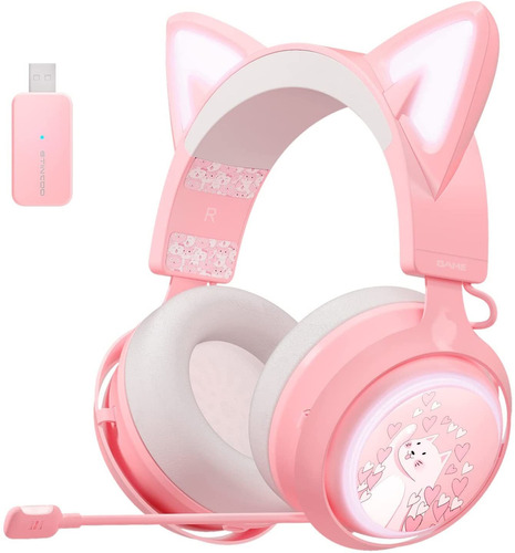 Auriculares Con Microfono | Orejas De Gato / Rosa | Luz Rgb