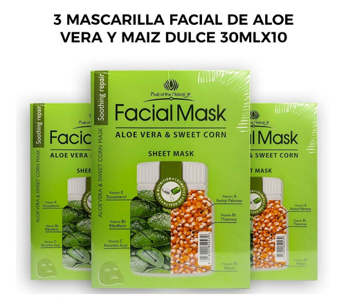 3 Mascarilla Facial De Aloe Vera Y Maiz Dulce 30mlx10 Piezas