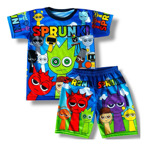 Playera Y Short De Sprunki Unisex Verano Super Fresco Azul Sprunki Eg(12)