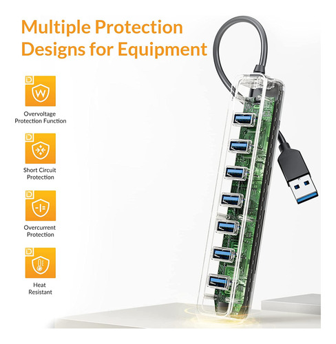 Hub Usb 3.0, 7 Puertos Para Laptop, iMac, Surface Pro, Xps
