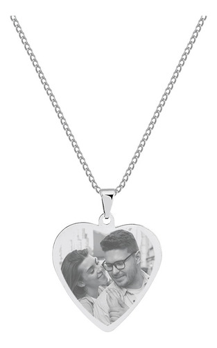 Colar Com Pingente Coração Personalizado Aço Foto Gravada Cor Prateado