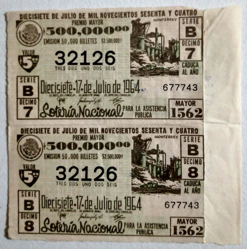 Dos (2) Billetes Lotería Nacional De México (17-julio-1964)