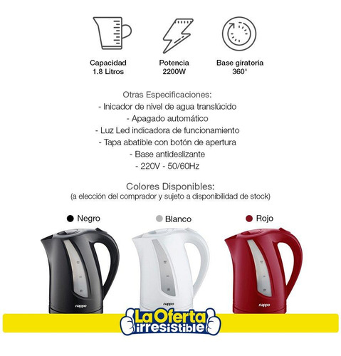 Imagen 4 de 4 de Jarra Eléctrica Nappo 2200w 1.8l Base Giratoria 360º Loi