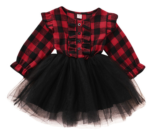 Vestido Rojo Manga Larga Tutú De Tul Para Niños Navidad