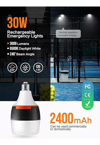 Foco Led Recargable 30w Entrada Normal E27 De Emergencia