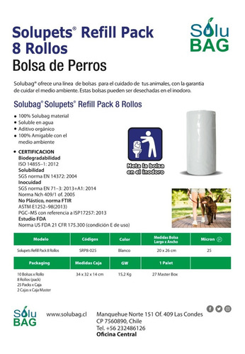 Imagen 4 de 4 de Bolsa Perro Sanitaria Solubag Refill 10 Pack 8 Rollos