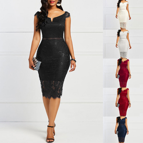 Vestido De Elegante Con Cuello En V Y Encaje Ajustado Mujer
