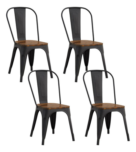 Set 4 Sillas Comedor Top Living Tolix Con Asiento De Madera Estructura De La Silla Negro Asiento Café Diseño De La Tela Liso