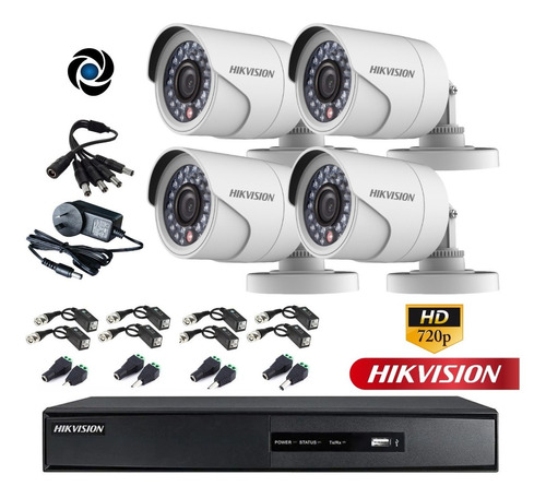 Imagen 1 de 10 de Kit Seguridad Hikvision Dvr 4ch + 4 Cámaras 720p + Balun