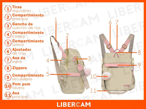 Mochila Cartera Mujer Urbana Espaciosa LIBERCAM MOC-012 Correa Regulable Color Beige