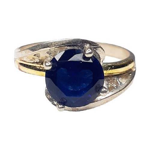 Anillo Plata 925 Y Oro Solitario Cubic Azul Anp586 Reina