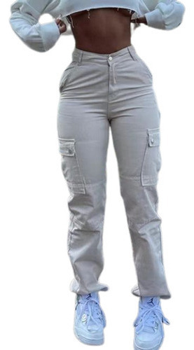 Pantalones Blanco Joggers Tiro Alto De Mujer Cargo Mezclilla