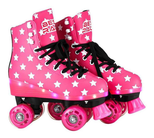 Patins Retrô Clássico 4 Rodas Rosa Com Led Tamanho 35/36