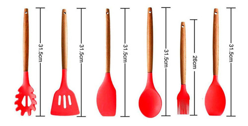 Jogo De Cozinha 6 Peças Cabo De Madeira Colheres De Silicone Cor Vermelho