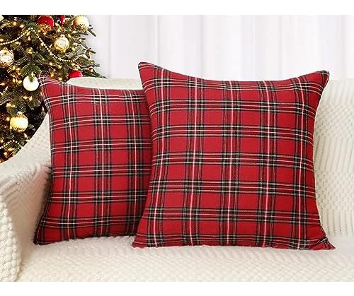 Set Of 2 Christmas Scottish Tartan Plaid Throw Pillow C...