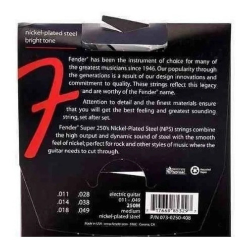 Imagen 3 de 5 de Encordado Fender Electrica 250m Nickel Plated 011-049 Ball E