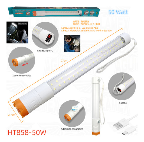 Linterna Magnética Tipo Barra Recargable 30/50/80 Watt Blanco 50w/mediano