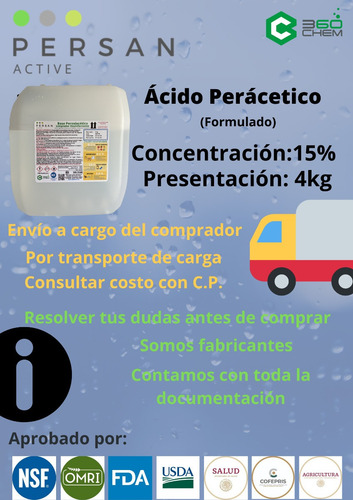 Ácido Peracético 15%, Formulado, Persan Active 4kg