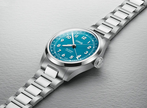 Reloj Oris Big Crowm Pointer Date Caballero Correa Plateado Bisel Plateado Fondo Azul