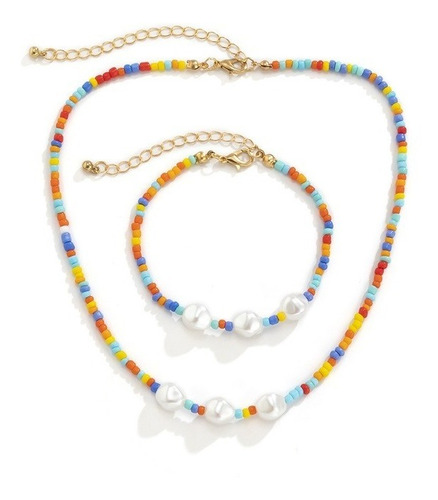 Set Collar + Pulsera Multicolor Con Perlas Blancas