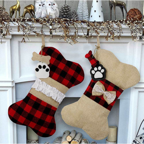 2 Simpáticas Medias De Navidad De Hueso De Perro A Cuadros