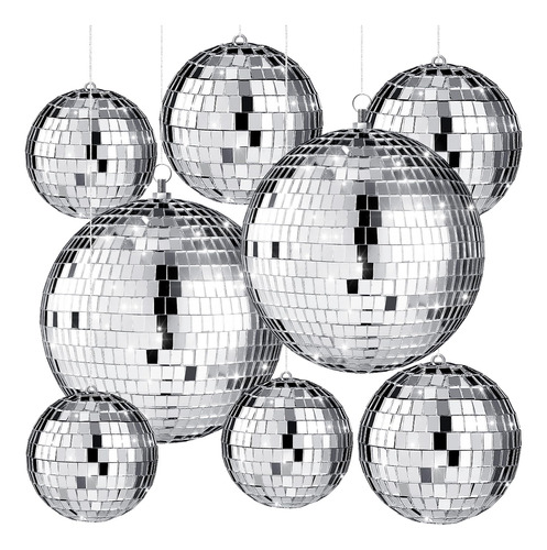 Juego De 8 Bolas De Discoteca Grandes Con Espejo Plateado, B