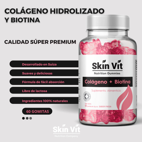 Colágeno + Biotina Skin Vit 60 Gomitas Súper Premium Sabor Fresa | Apoyo Crecimiento Cabello y Uñas
