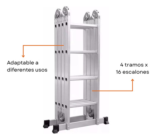 Escalera Articulada Aluminio 16 Escalones 4x4 Multifunción Plateado