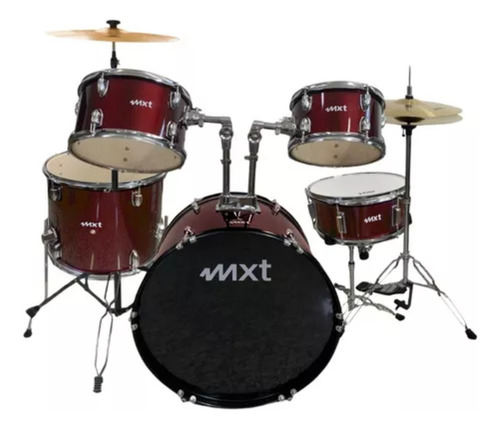 Bateria Acustica Mxt Completa Bumbo 20 Cor Vinho C/ Pratos Cor Bordô