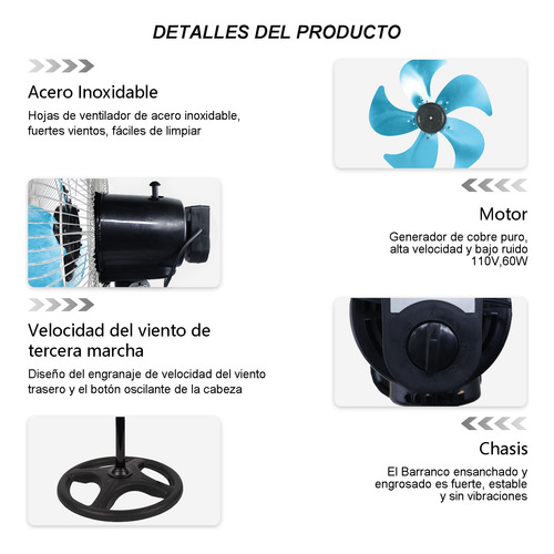Ventilador Pedestal Piso Pared 3en1 Con 5 Aspas 18 Pulgadas 3.04 M 60 Plateado 5