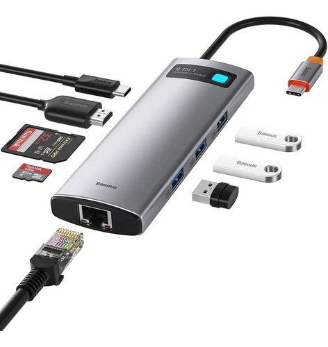 HUB TIPO C BASEUS 8 EN 1 (USB-C PD 100W / HDMI 4K / USB 3.0 X3 / RJ45 /SD / MICROSD)