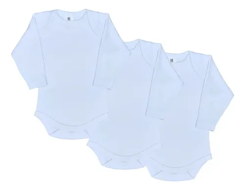 Kit 3 Bodies Bebê Suedine Branco Manga Longa 100% Algodão