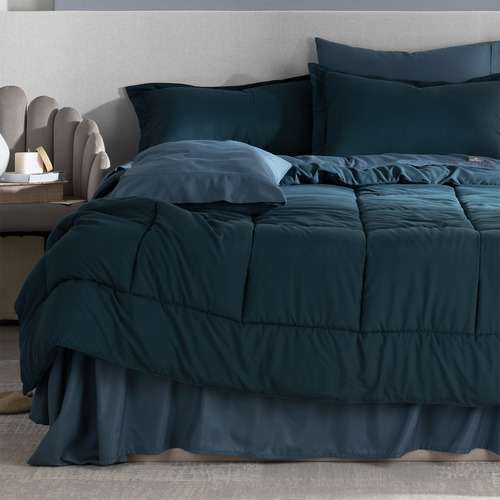 Set 7 Pzas. Edredón King Size +fundas De Almohada + Juego De Sabanas Real Textil Azul marino/Azul índigo