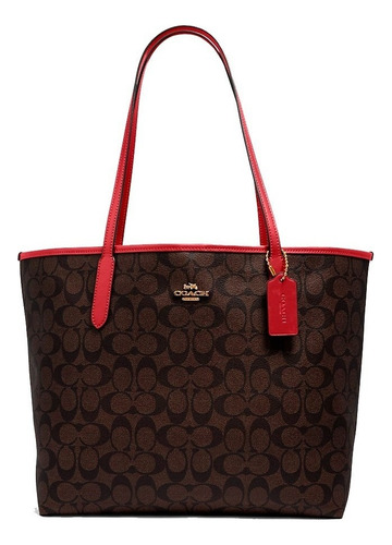 Bolsa Tote Coach Sig City Tote Red De Cuero  Marrón Oscuro Asas Color Rojo