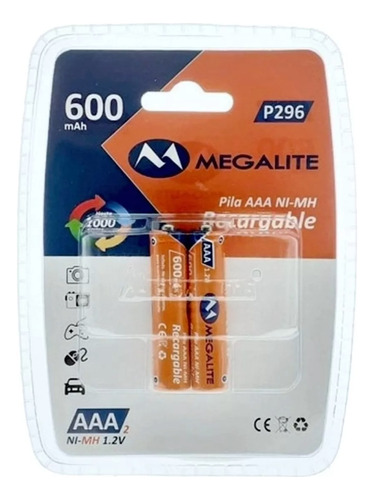 2  Pilas Recargables Aaa 800 Mah Ni-mh Precargada Megalite 